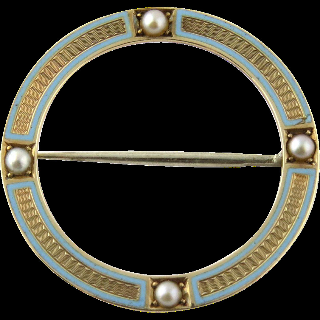 Brooches Circle
 Vintage 14K Yellow Gold and Turquoise Enamel Open Circle