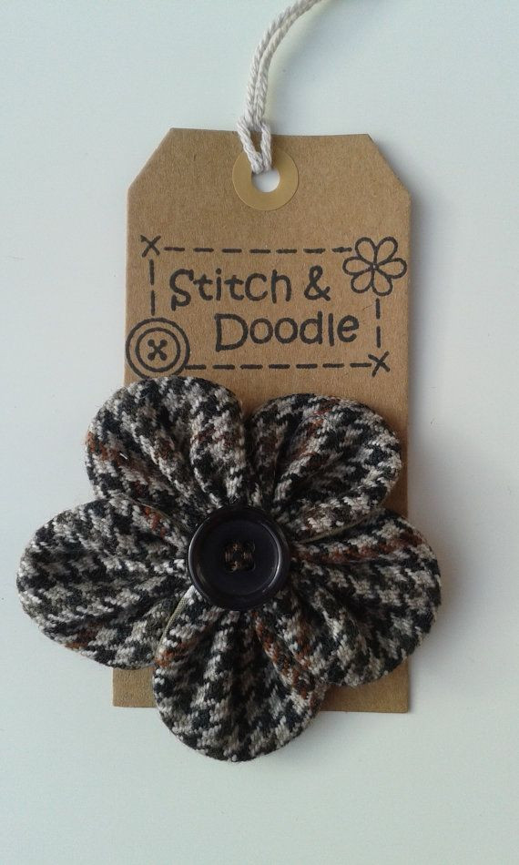 Brooches Handmade
 Hand stitched tweed flower brooch button brooch by