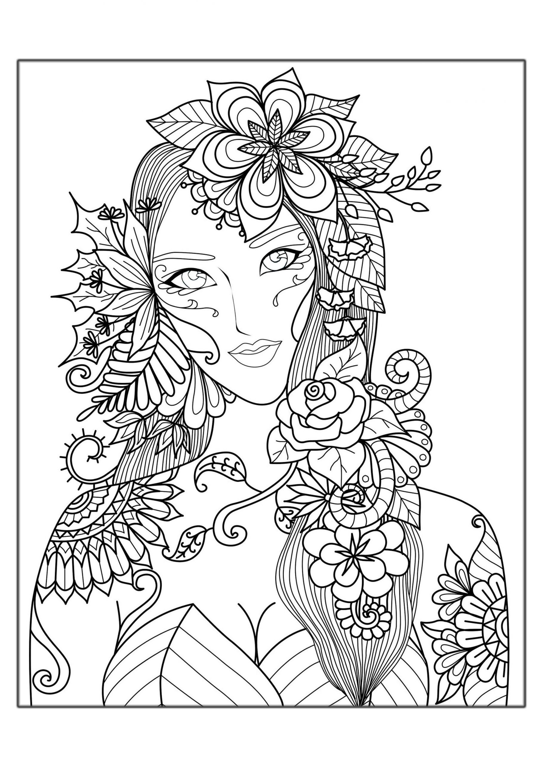 Coloring Pages For Adult Girls
 Woman flowers Anti stress Adult Coloring Pages