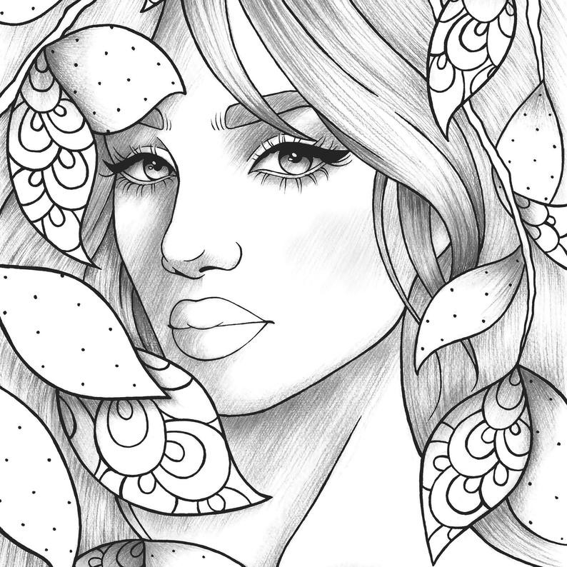 Coloring Pages For Adult Girls
 Adult coloring page girl portrait and leaves colouring
