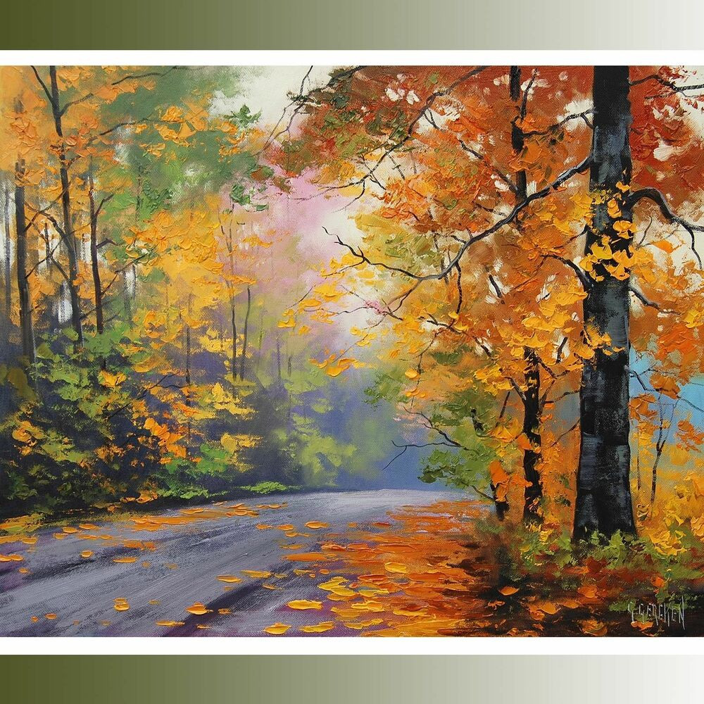 Fall Landscape Painting
 LARGE Autumn Oil painting FALL TREES ROAD TRAIL