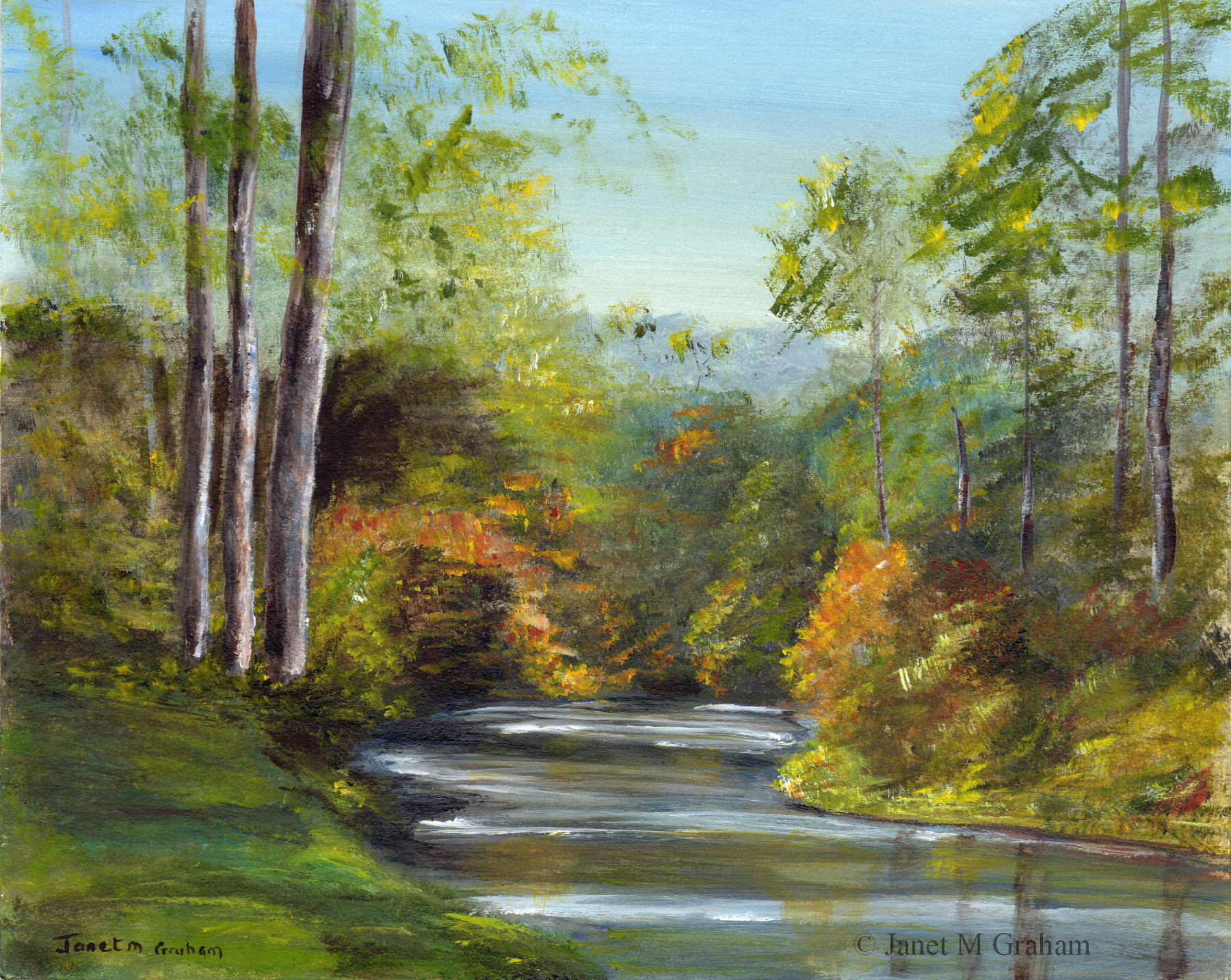 Fall Landscape Painting
 Autumn River Fall Art Painting Landscape Trees SFA
