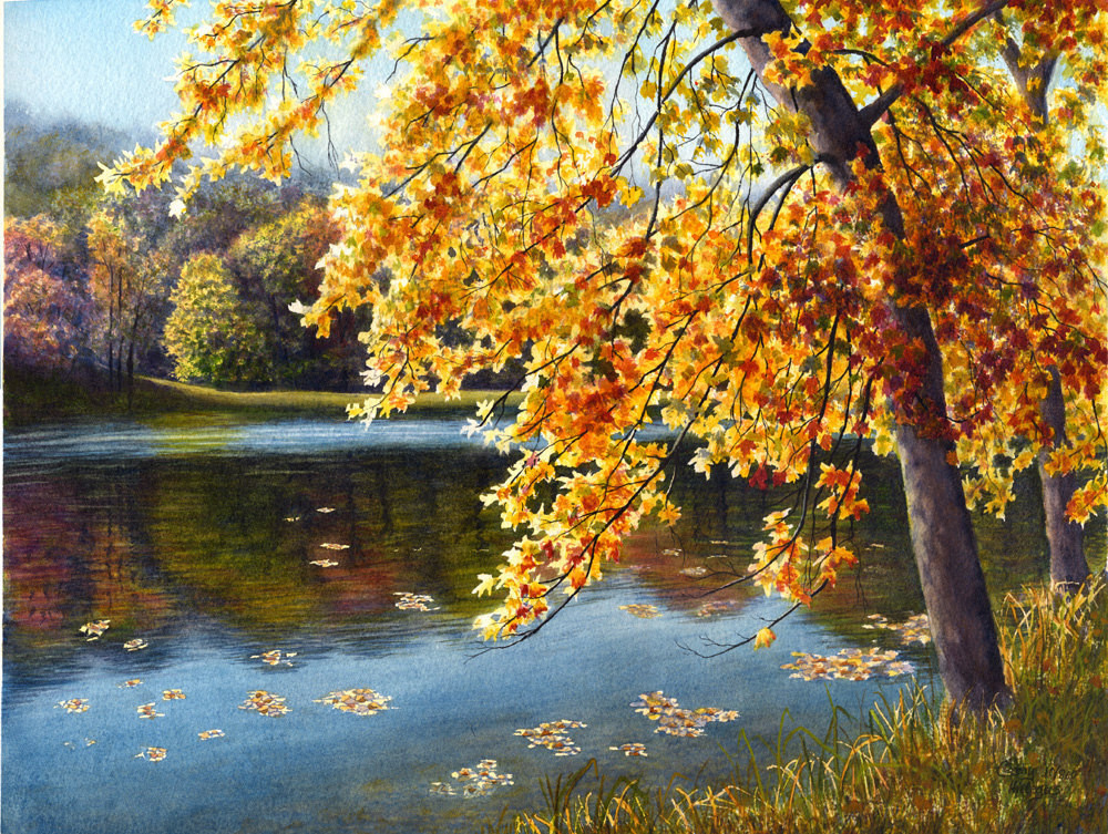 Fall Landscape Painting
 Autumn lake watercolor landscape painting print by Cathy