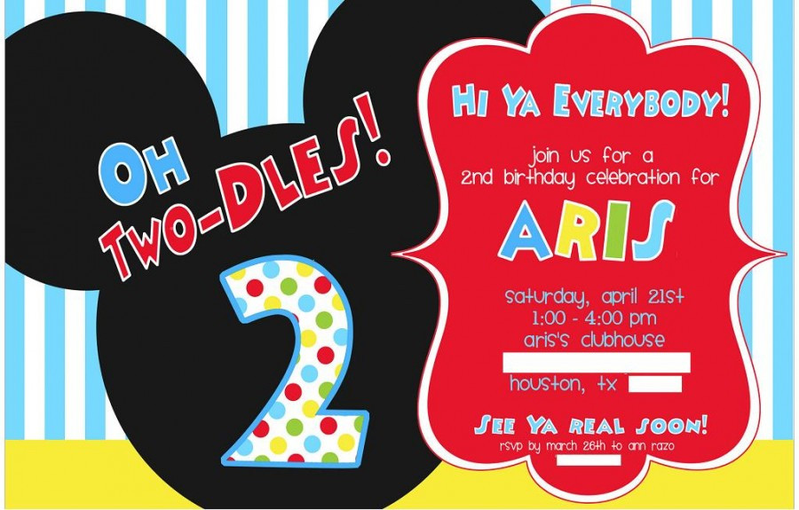 Mickey Mouse 2nd Birthday Invitations
 Two Year Old Birthday Invitations