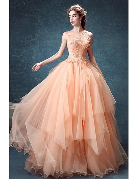 Peach Wedding Dresses
 Peach Ball gown High Neck Floor length Tulle Wedding Dress