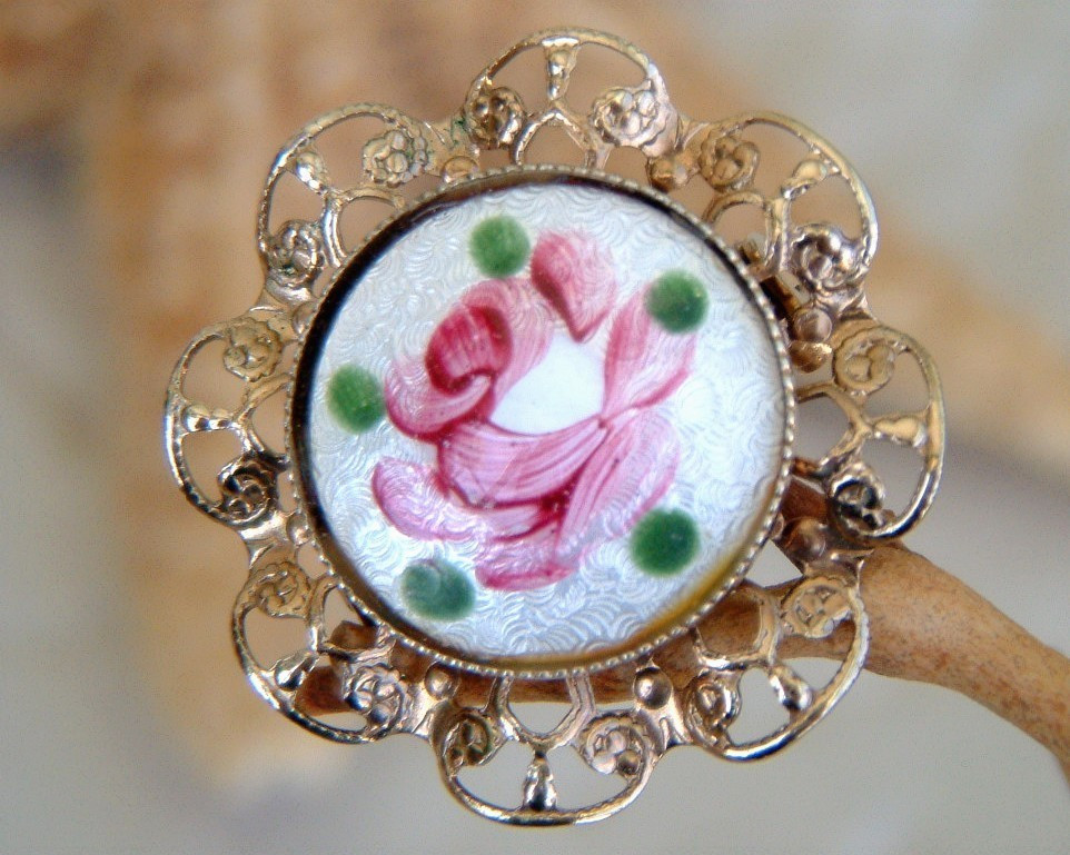Rose Brooches
 Vintage Guilloche Enamel Rose Flower Pin Brooch Filigree