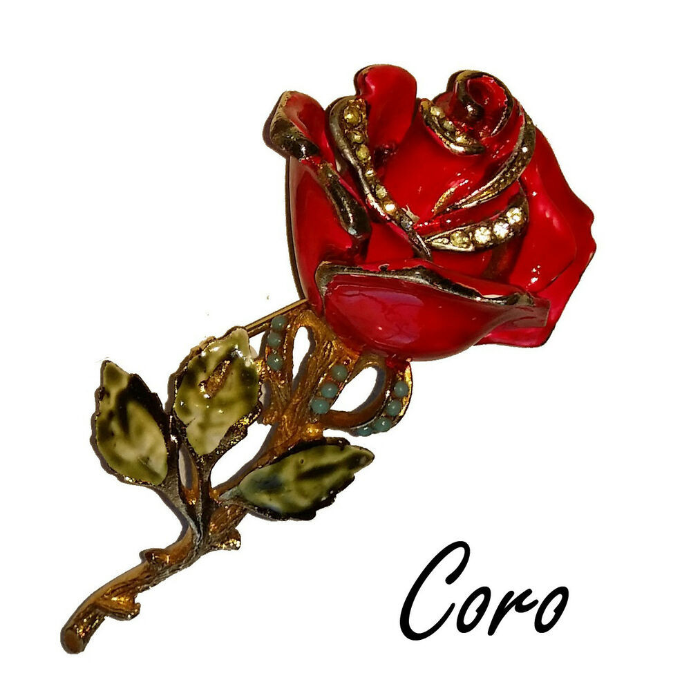 Rose Brooches
 Stunning Enameled Vintage Coro Red Rose Brooch Pin