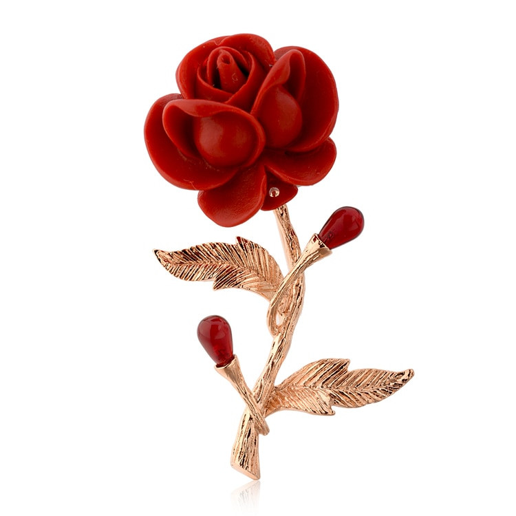 Rose Brooches
 Bright Plastic Red Rose Flower Brooch Gold Color Leaves