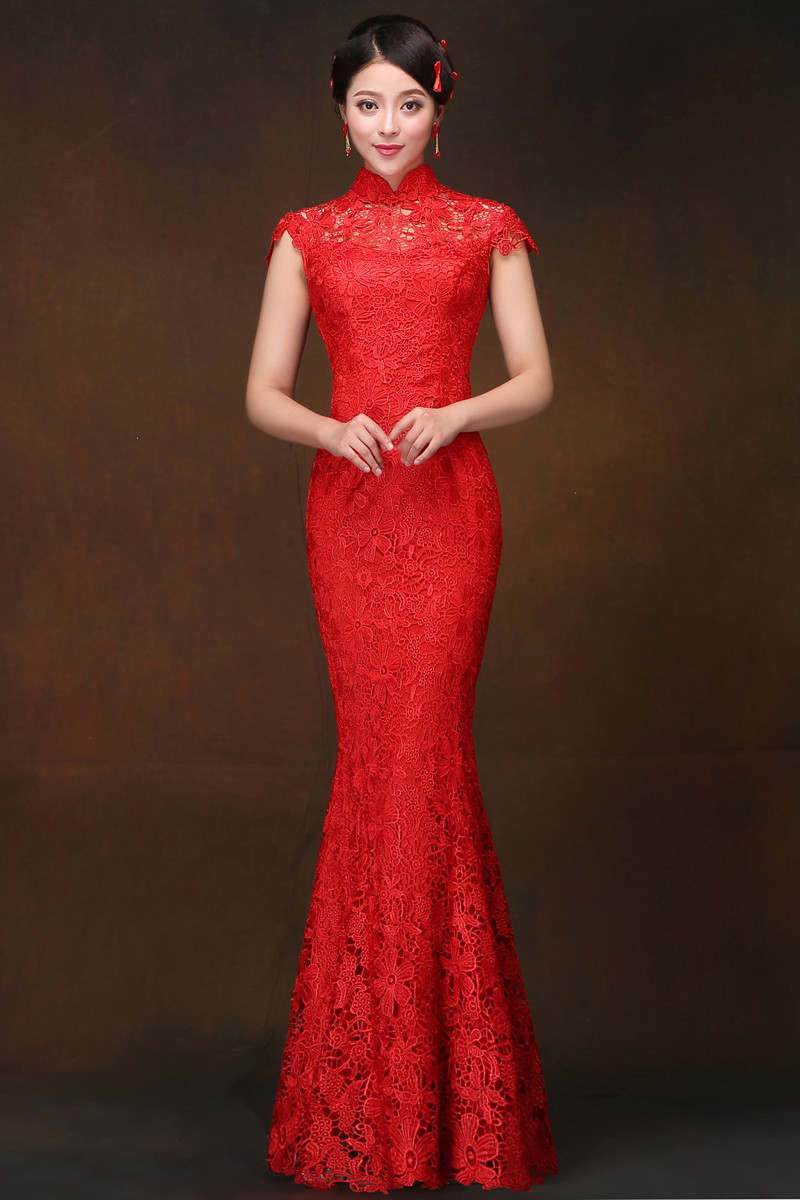 Wedding Dress From China
 Red lace traditional Chinese mandarin collar mermaid