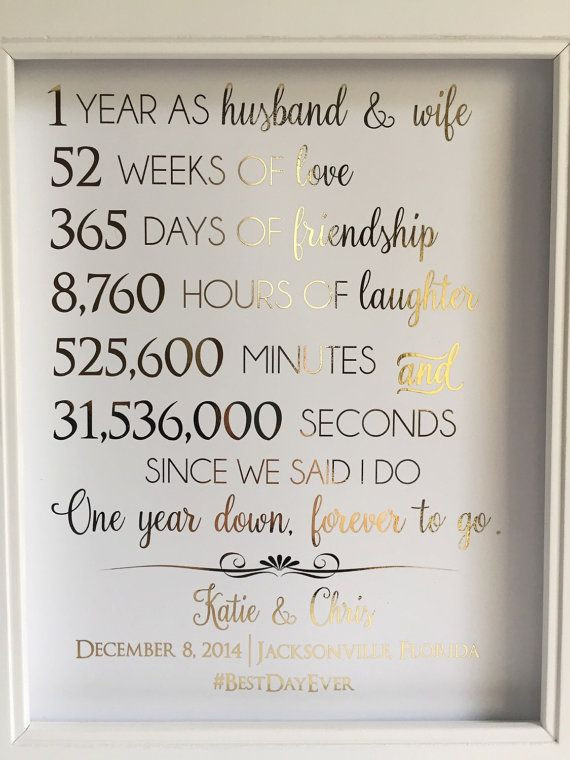 1 Year Wedding Anniversary Gift
 Gold Foil Print First 1st Anniversary Gift For by