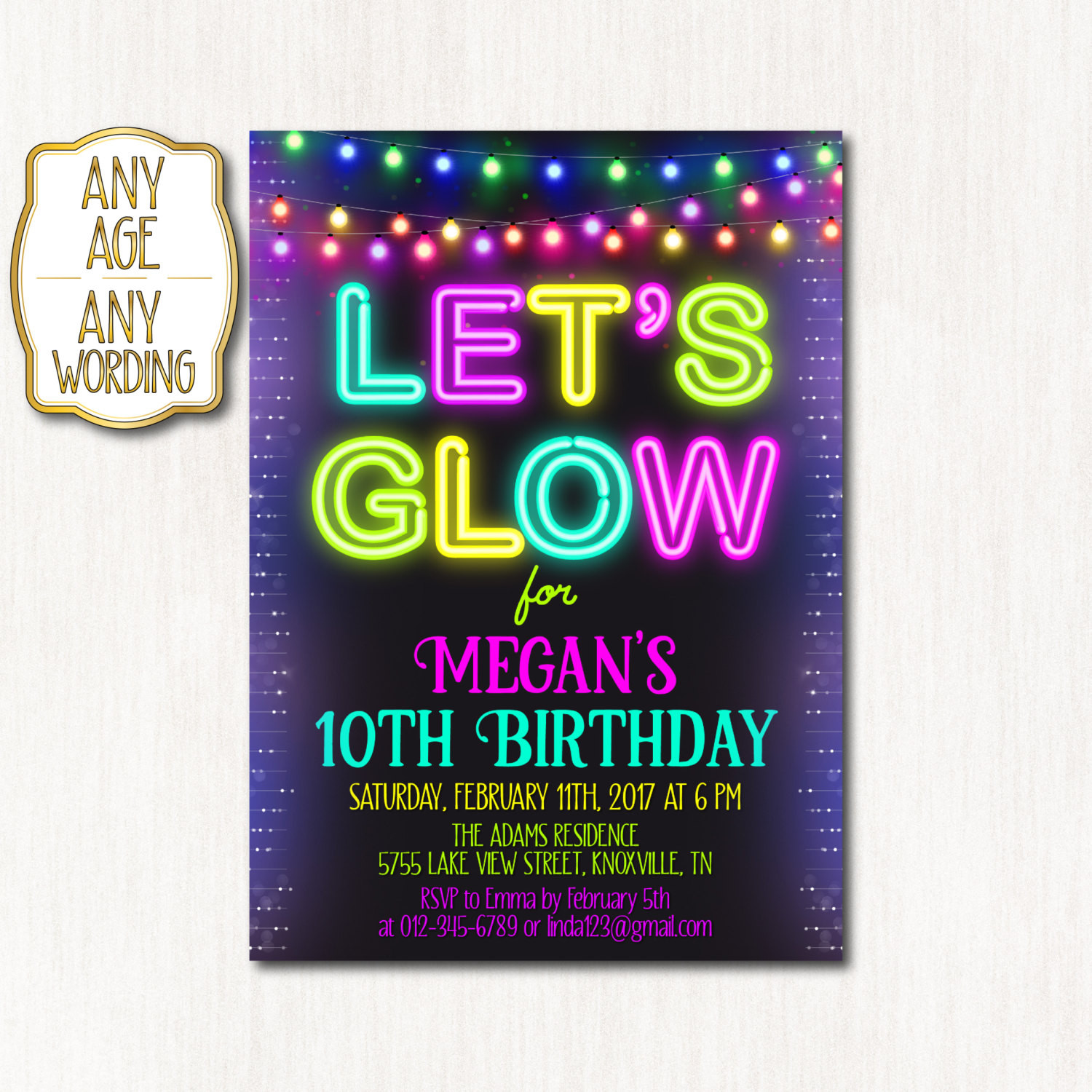 10th Birthday Invitation
 10th birthday invitation Neon birthday party NEON tenth