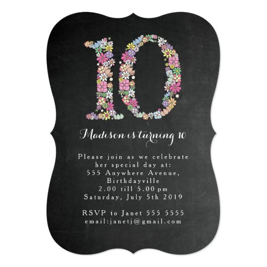 10th Birthday Invitation
 Chalkboard Girls Floral 10th Birthday Party Invite