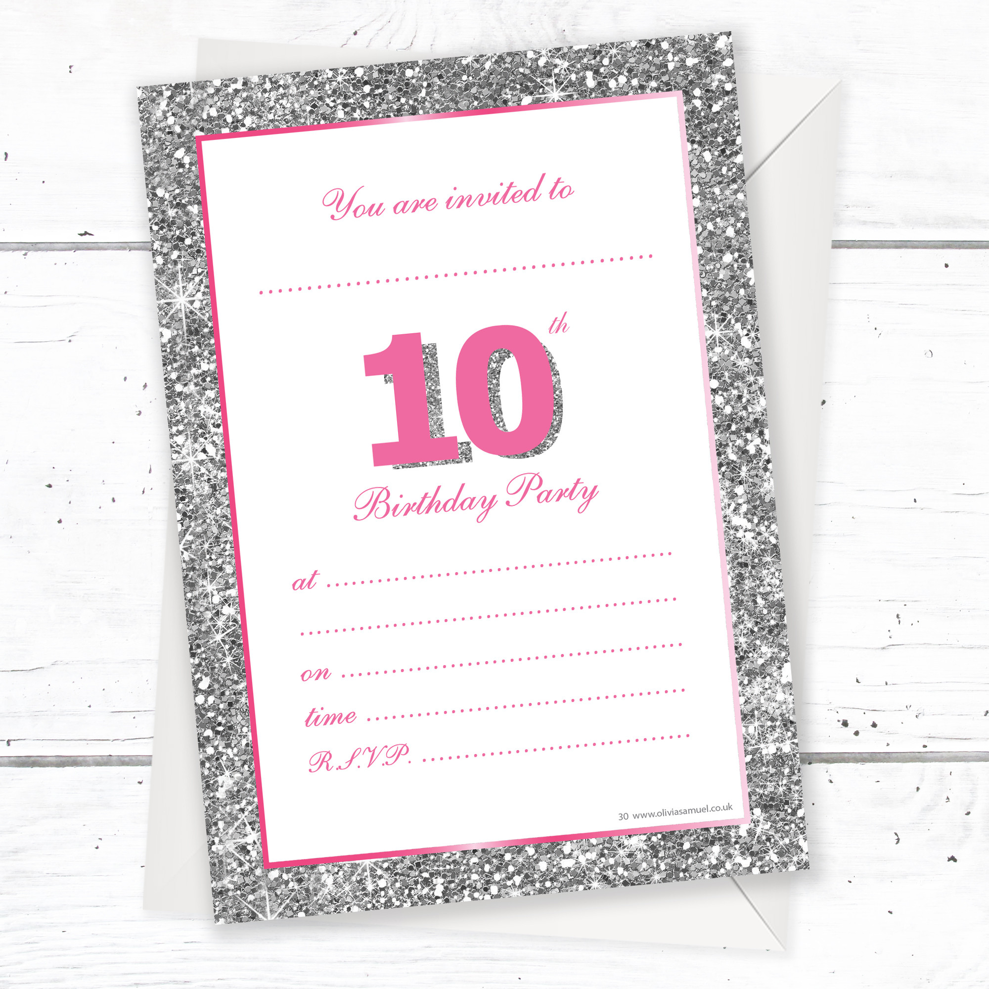 10th Birthday Invitation
 10th Birthday Party Invitations – Pink Sparkly Design and