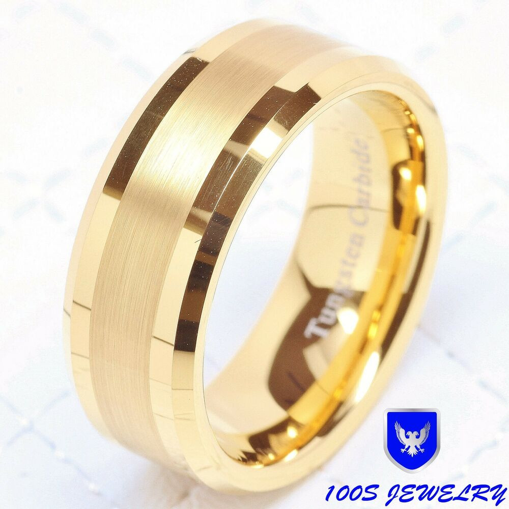 14k Gold Mens Wedding Band
 Mens Tungsten Carbide Ring Wedding Band 14k Gold 8mm