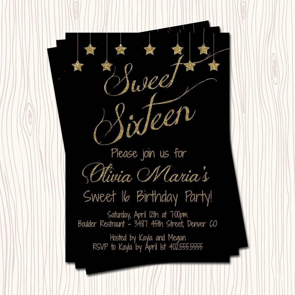 16th Birthday Invitations
 Black Gold Silver Glitter Stars Sweet 16 Sixteen Birthday