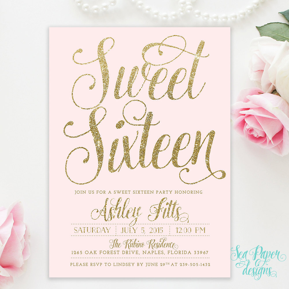 16th Birthday Invitations
 Sweet Sixteen 16th Birthday Invitation Blush Pink & Gold