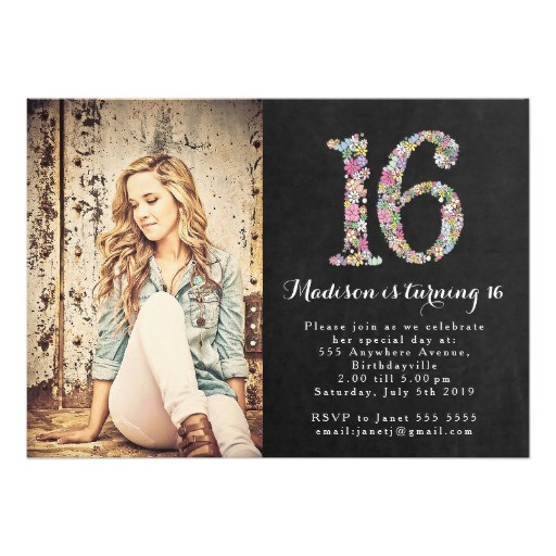 16th Birthday Invitations
 Chalkboard Floral Girls 16Th Birthday Party Invitation Card