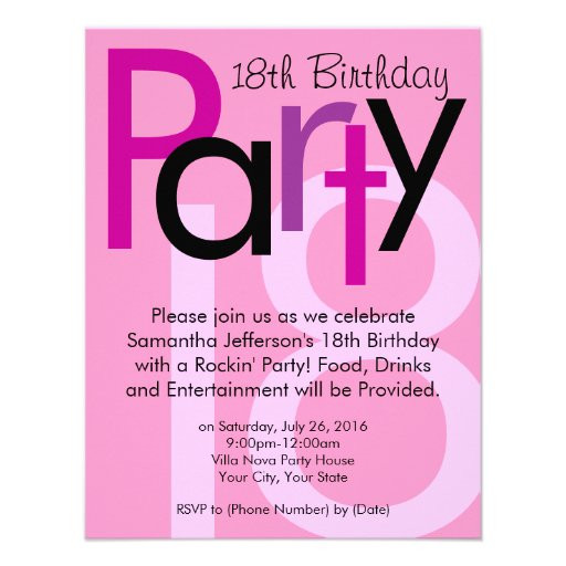 18th Birthday Party Invitations
 Pink Typeface 18th Birthday Party Invitation 4 25" X 5 5