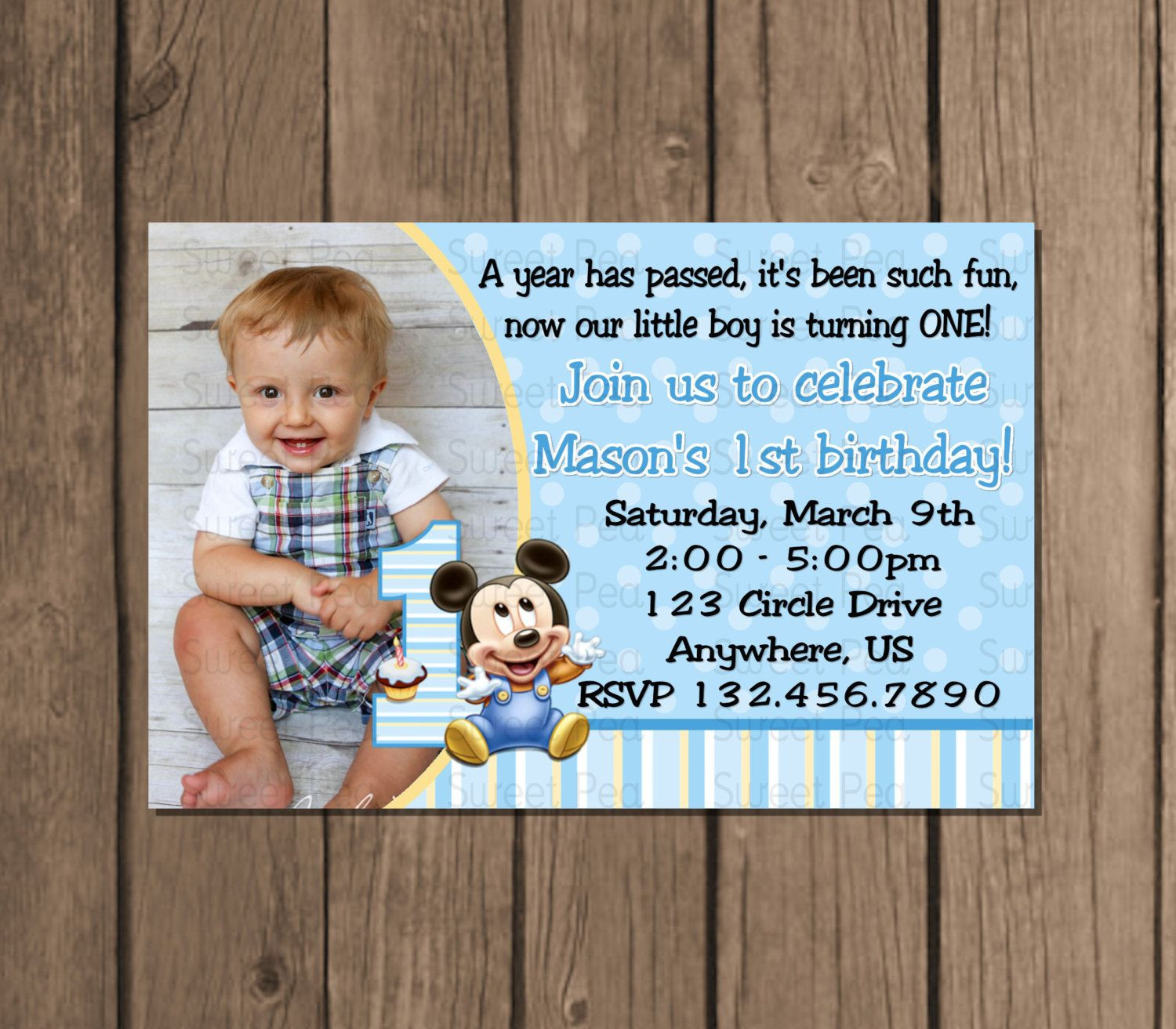 1st Birthday Invitation Wording Samples
 Baby Mickey Mouse boy 1st First Birthday by SweetPeaPrintz