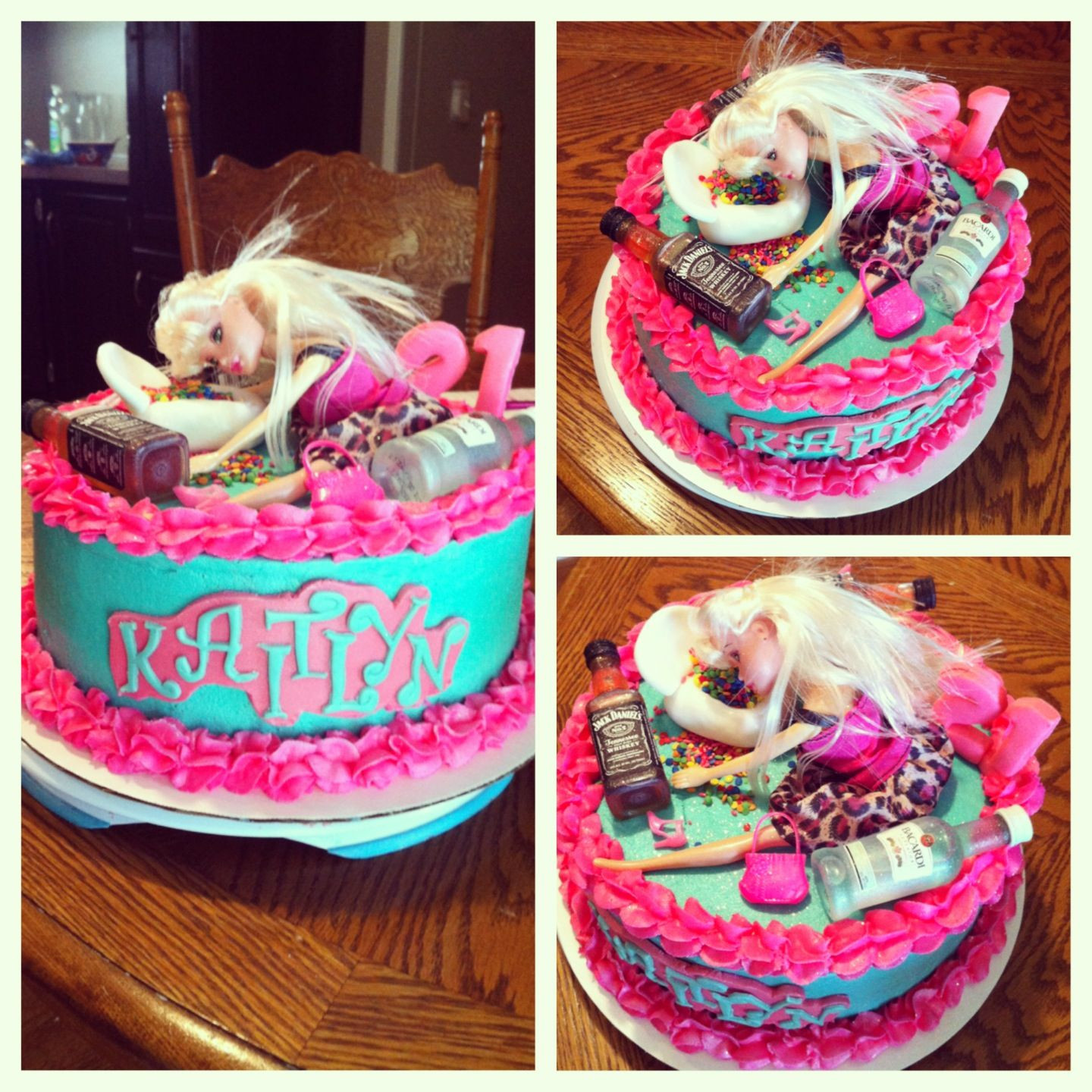 21st Birthday Cake Barbie
 Drunk Barbie cake pink blue 21st birthday