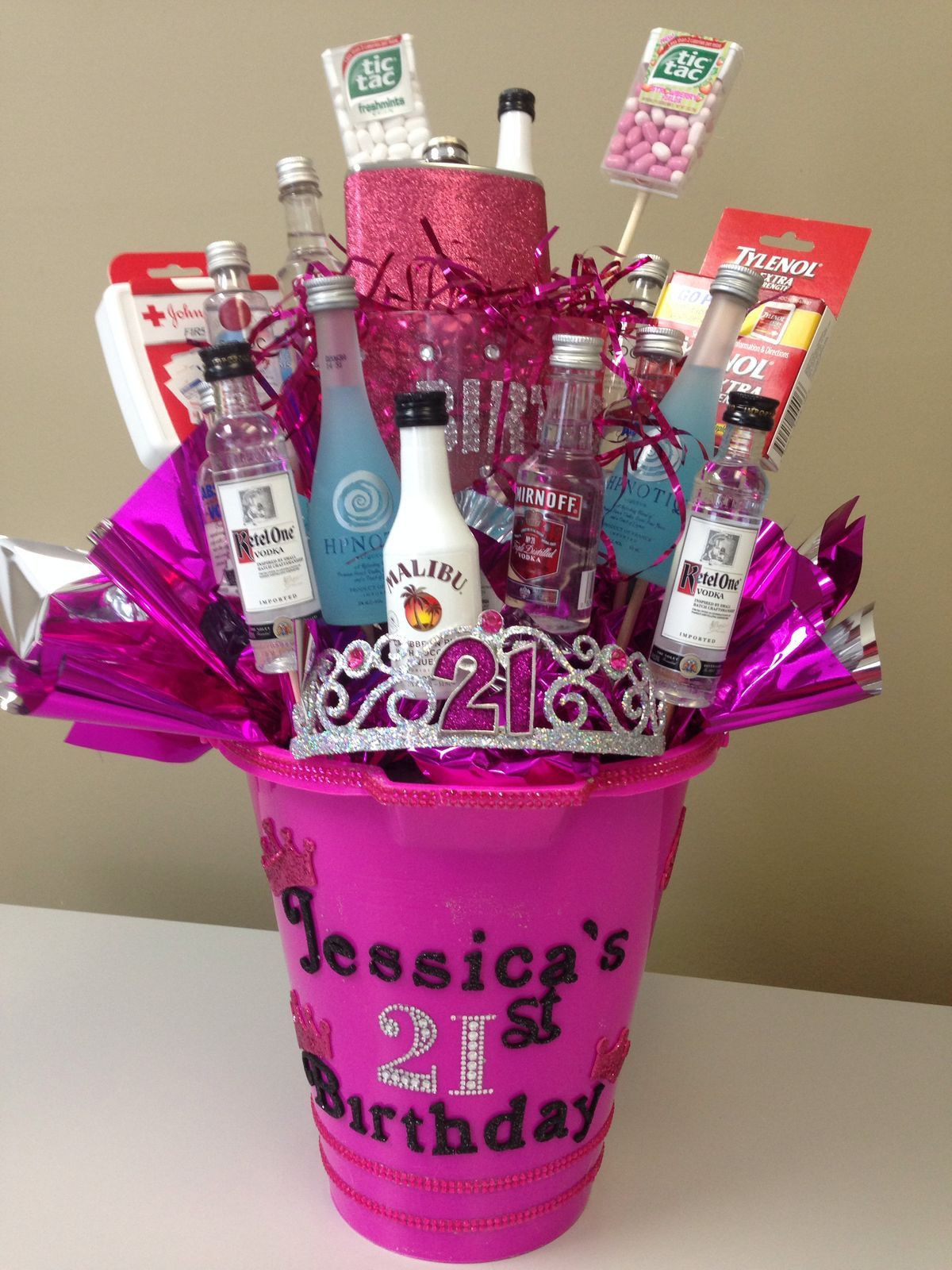 21st Birthday Gift Basket
 21 Tiara Sparkles Mini alcohol bottles YES
