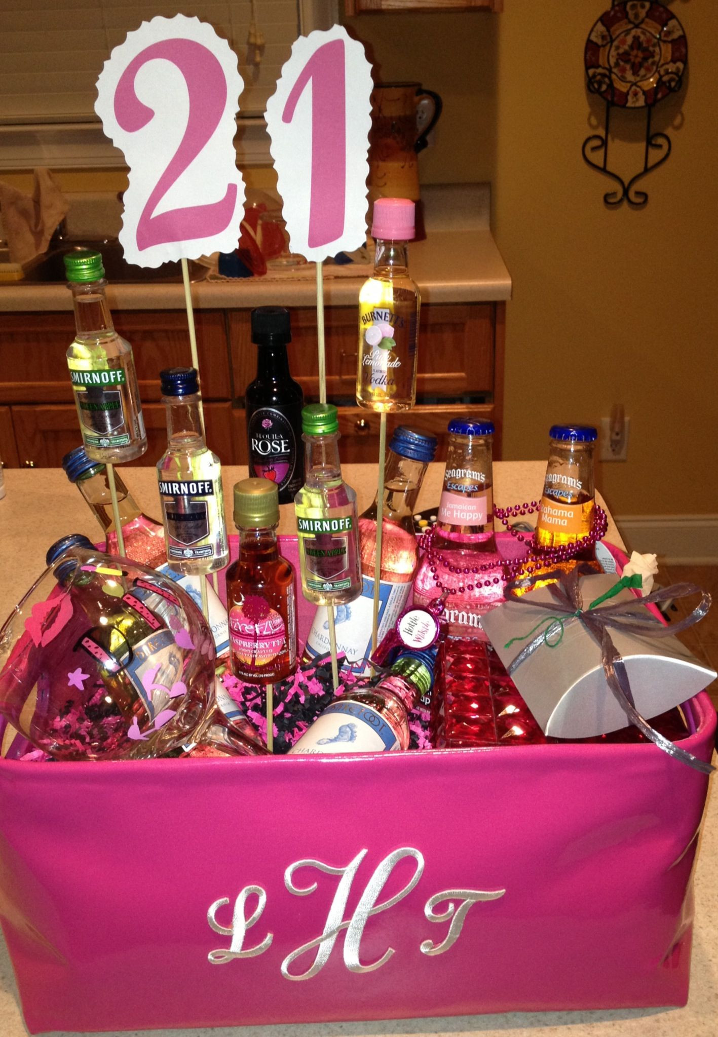 21st Birthday Gift Basket
 21st birthday basket full of goo s that I made for my