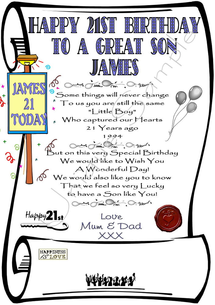 21St Birthday Gift Ideas For Son
 GIFT FOR 21st BIRTHDAY SON PERSONALISED Laminated Print of