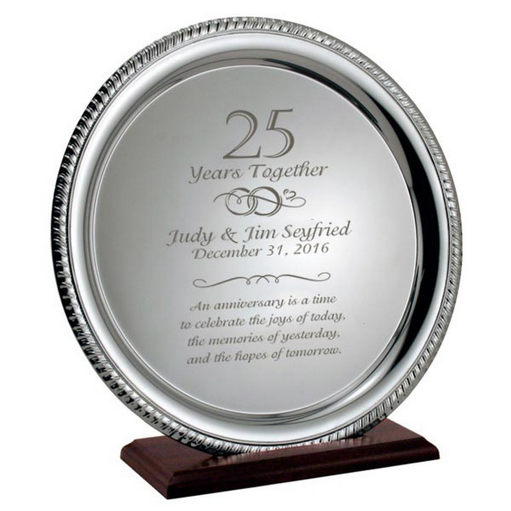 25 Year Anniversary Gift Ideas For Her
 Silver 25th Anniversary Personalized Plate on Wood Base