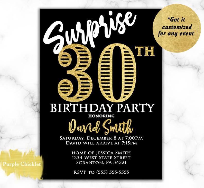 30th Birthday Invitations For Him
 Surprise 30th Birthday Invitation for him Gold and Black