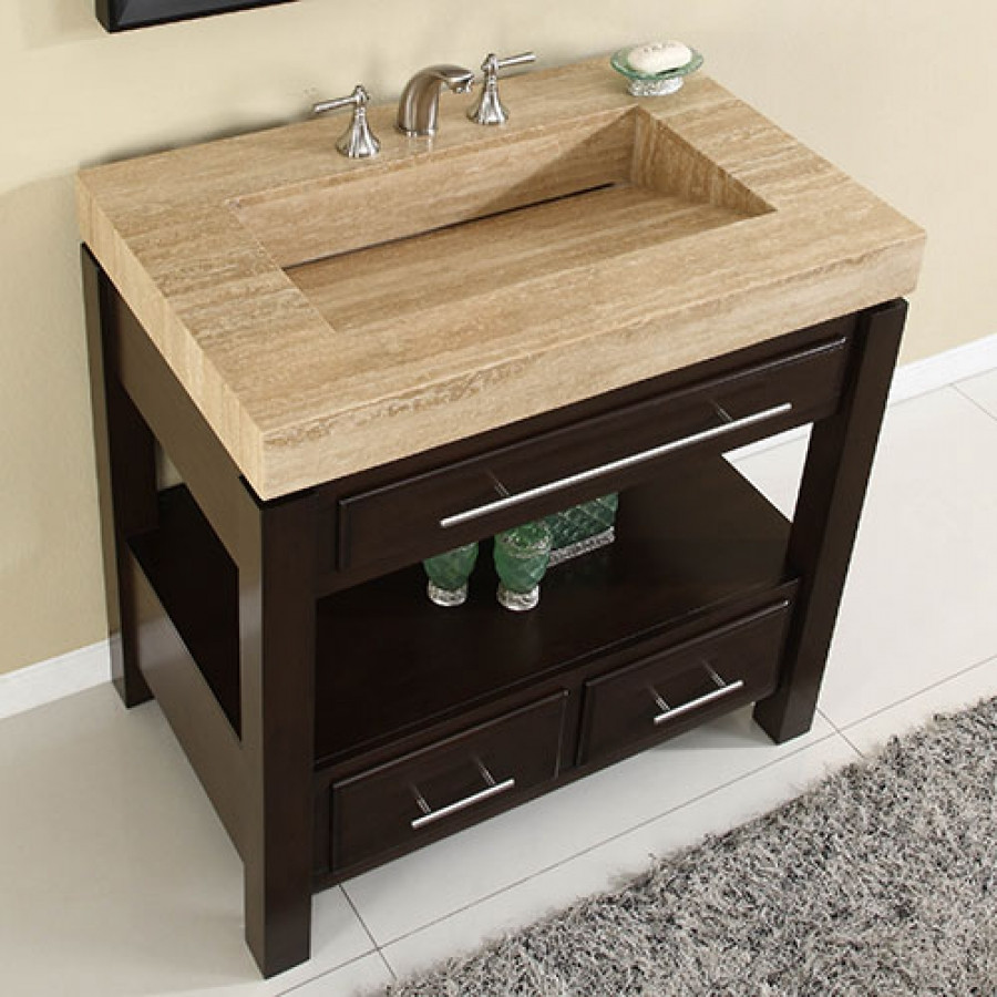 36 Bathroom Vanity Top
 36 Inch Espresso Single Sink Bathroom Vanity with Travertine