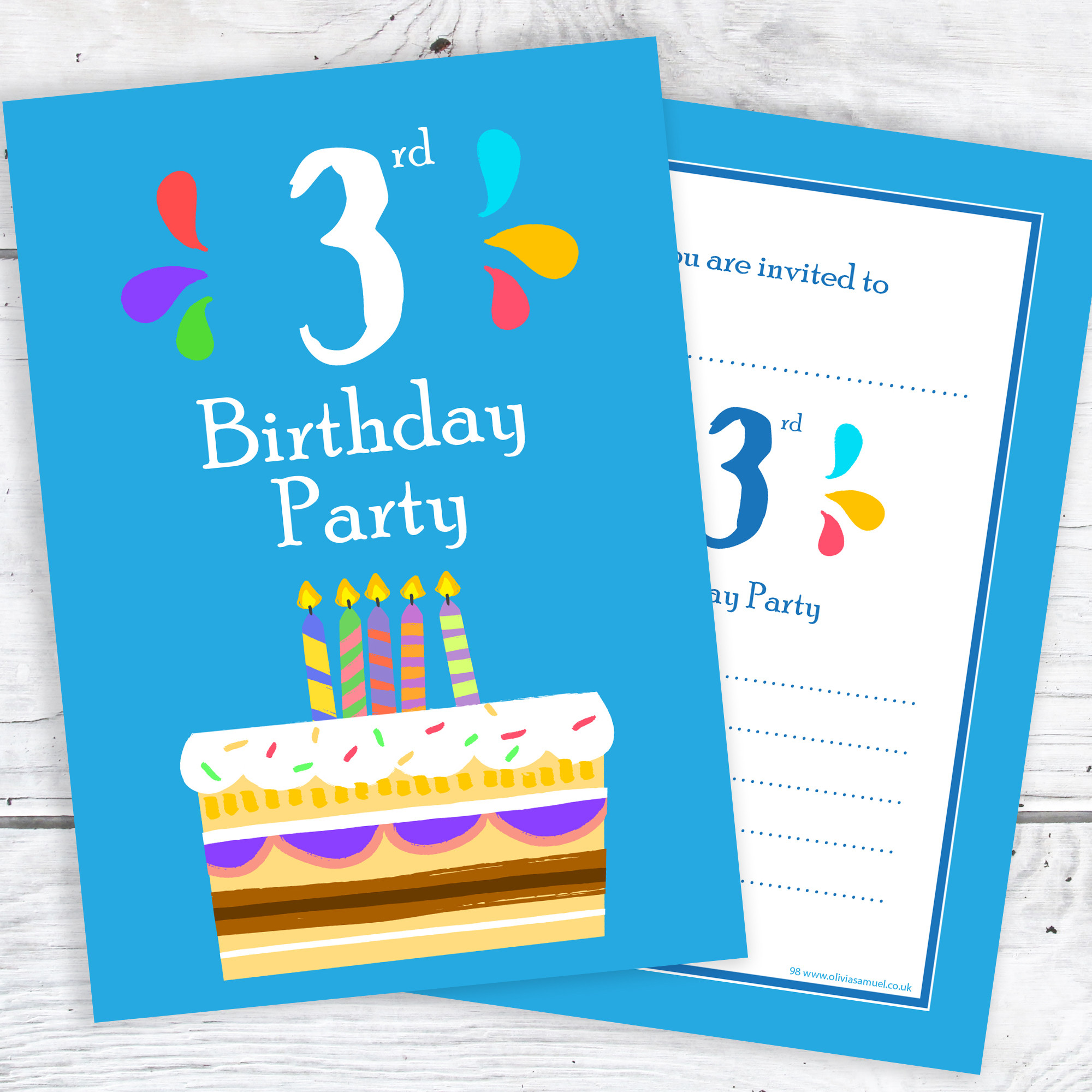 3rd Birthday Party
 3rd Birthday Party Invitations – 3 Candle Blue Cake Design