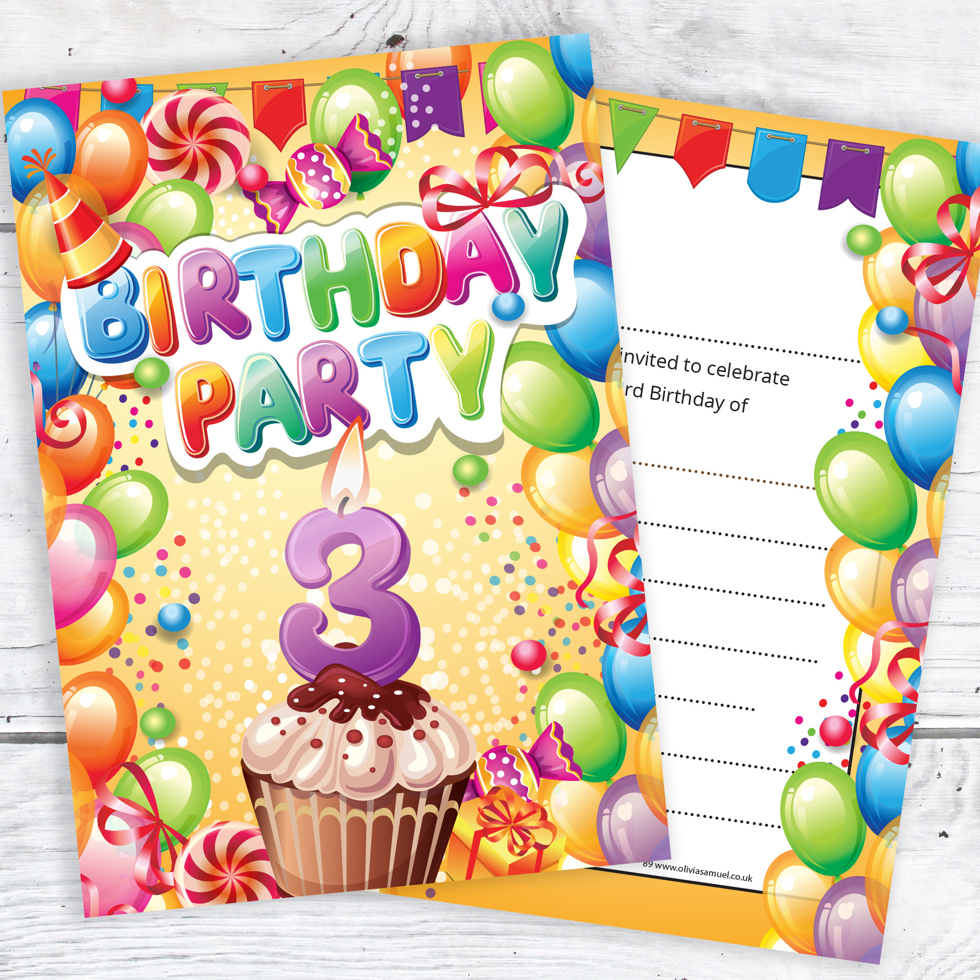 3rd Birthday Party
 Children’s 3rd Birthday Party Invites – Boy or Girl Bright