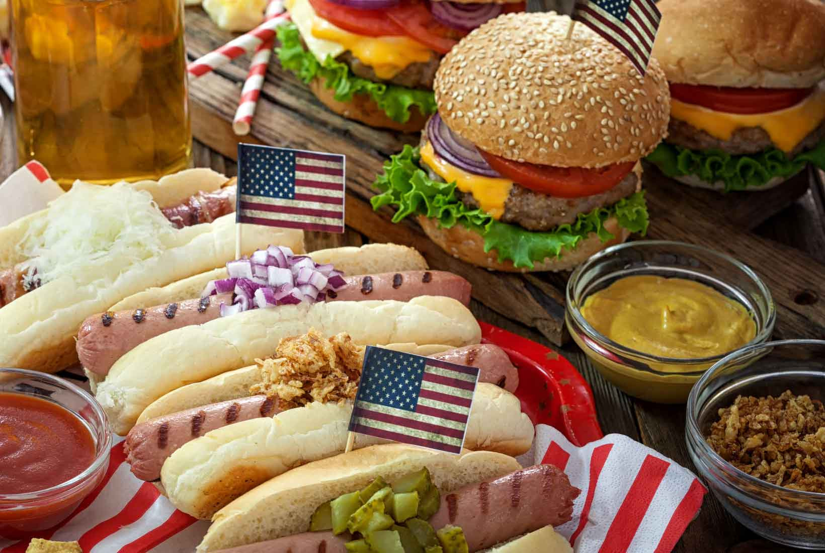 4Th Of July Hot Dogs
 4th July Hot Dogs Hamburgers Fireworks And Flag