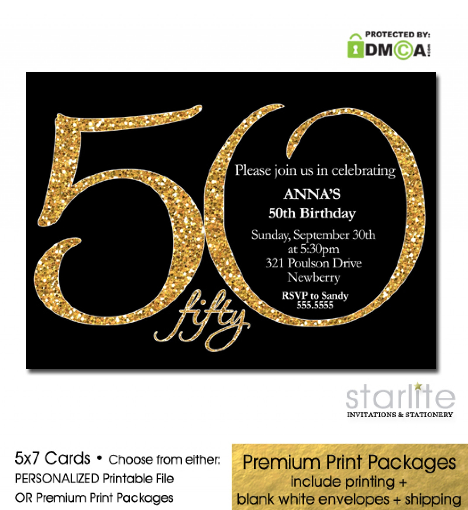 50 Birthday Party Invitations
 Black Gold Glitter 50th Birthday Invitation Modern