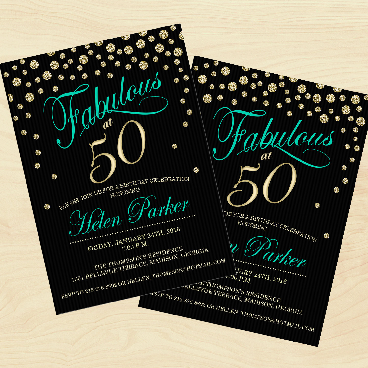 50 Birthday Party Invitations
 50th Birthday Invitation Any Age Black Gold Teal