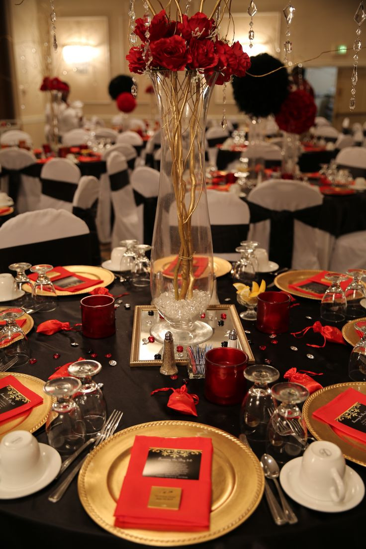 50th Birthday Decor
 Red black and gold table decorations for 50th birthday