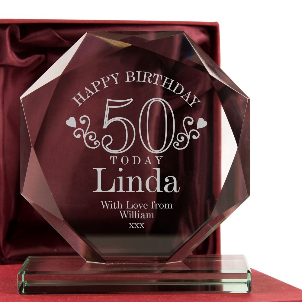 50th Birthday Gift Ideas For Her
 Engraved 50th Birthday Glass Award For Her 50 Glassware