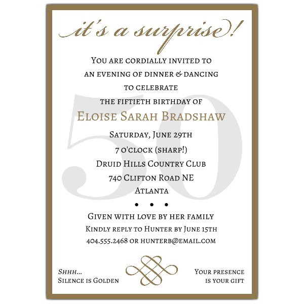 50th Birthday Invitation Wording
 Classic 50th Birthday Gold Surprise Party Invitations