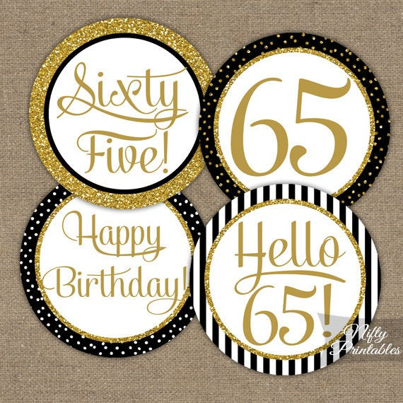 65th Birthday Decorations
 65th Birthday Cupcake Toppers Black & Gold 65 Years Bday