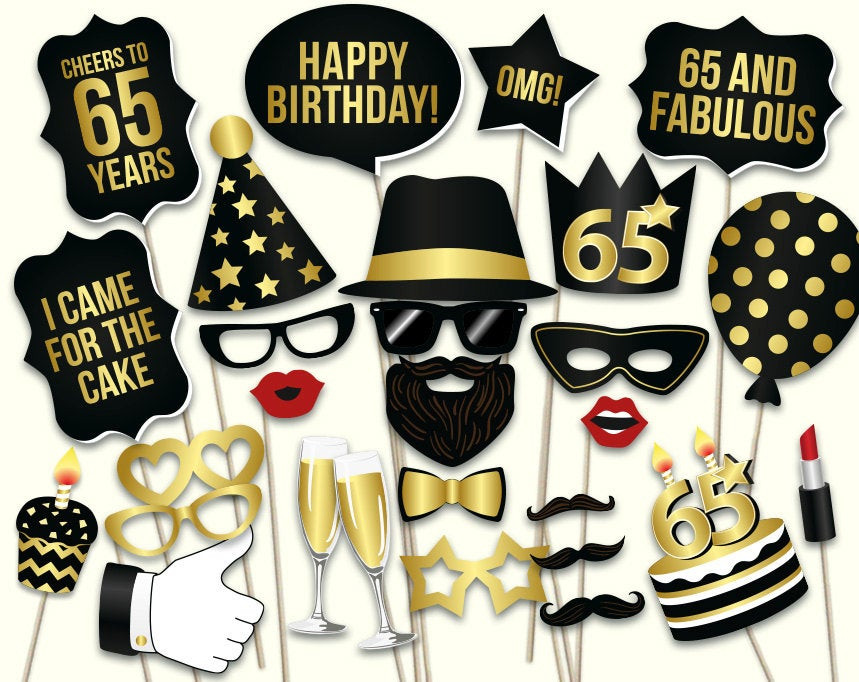 65th Birthday Decorations
 65th birthday photo booth props printable PDF Black and gold