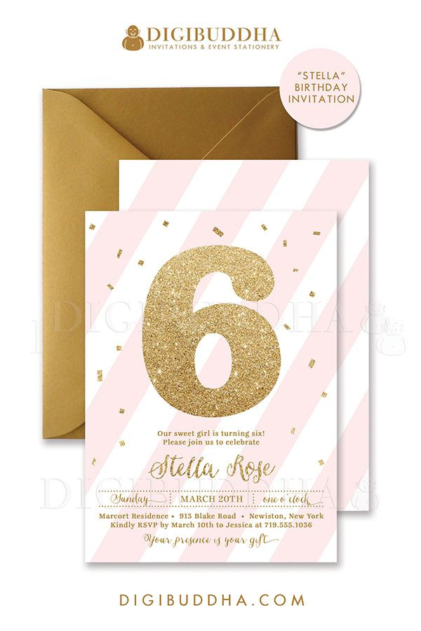 6th Birthday Invitation Wording
 Pink Gold glitter 6th birthday invitations in a soft