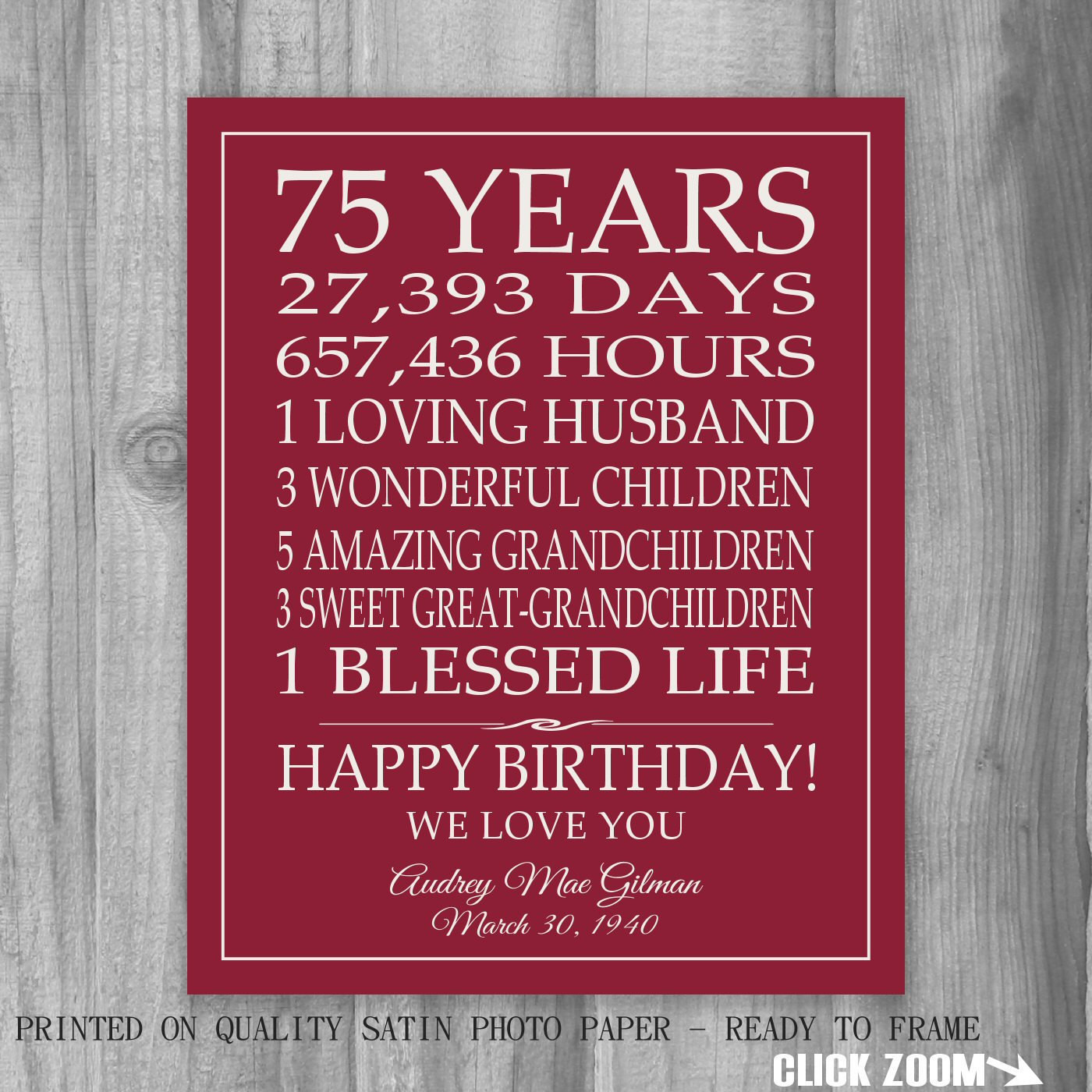 75Th Birthday Gift Ideas For A Man
 75th BIRTHDAY GIFT Sign Print Personalized Art Mom Dad Grandma