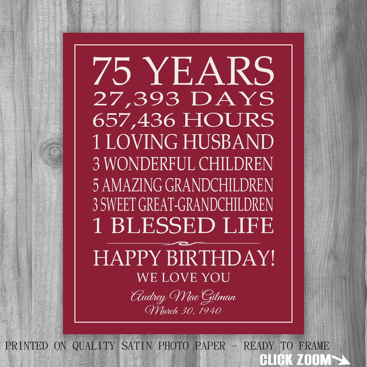 75th Birthday Gift Ideas For Dad
 75th BIRTHDAY GIFT Sign Print Personalized Art Mom Dad Grandma