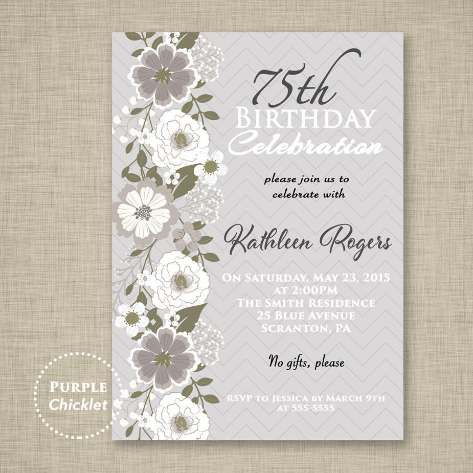 75th Birthday Party Invitations
 75th Birthday Invitation Gray and White Celebration