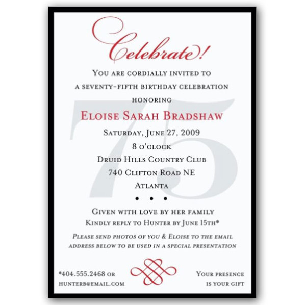 75th Birthday Party Invitations
 Classic 75th Birthday Celebrate Party Invitations