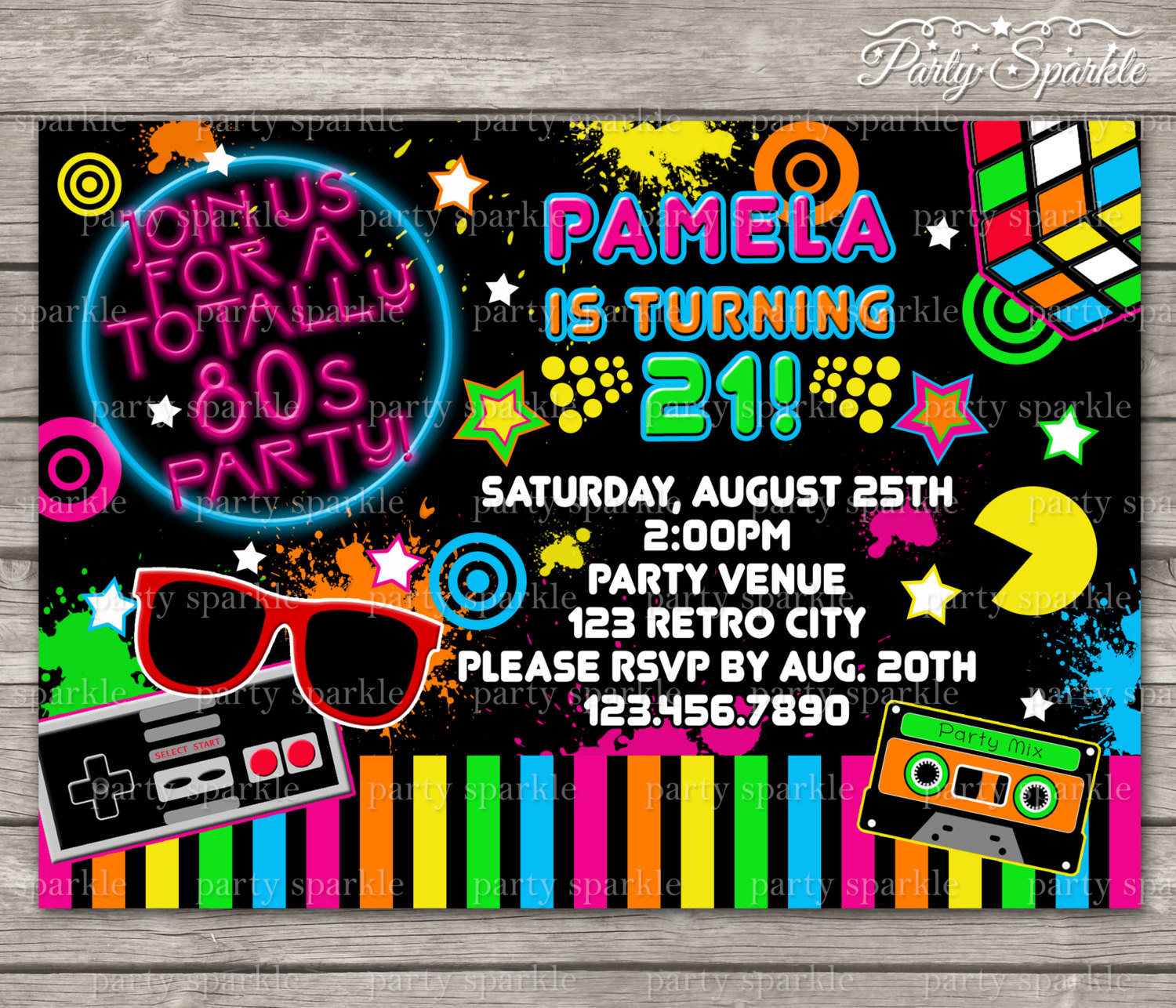 80 Birthday Party
 PRINTABLE TOTALLY 80s Retro Birthday Invite Personalized