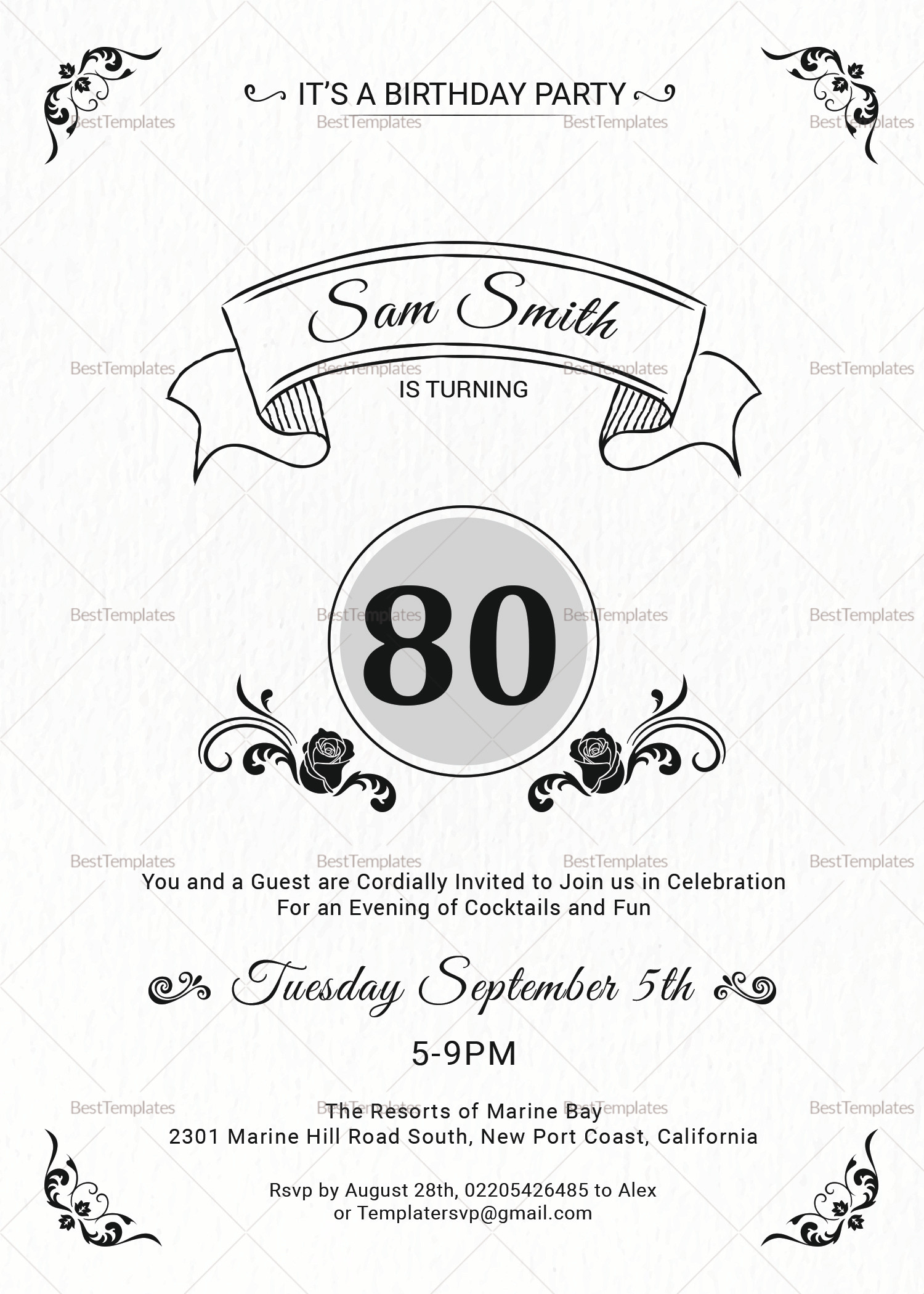 80th Birthday Invitation Templates
 80th Birthday Party Invitation Design Template in Word