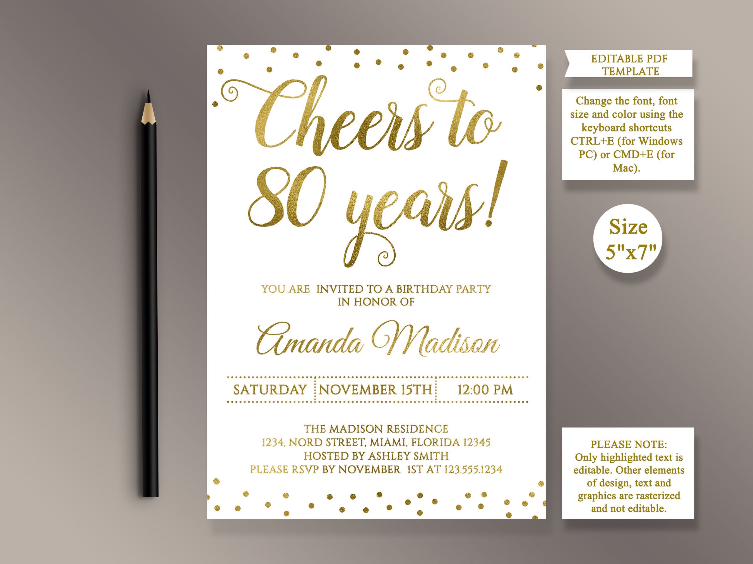 80th Birthday Invitation Templates
 EDITABLE 80th Birthday party Invitation template Cheers to