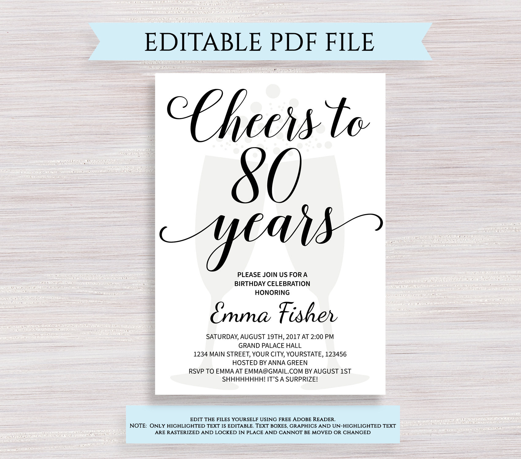 80th Birthday Invitation Templates
 Editable 80th Birthday Invitation Template Cheers to 80