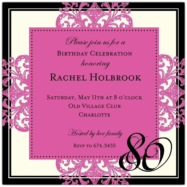 80th Birthday Invitation Wording
 Decorative Square Border Pink 80th Birthday Invitations